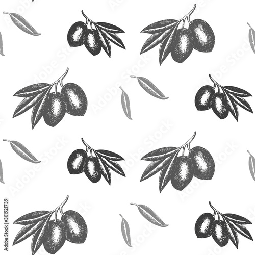 Hand drawn seamless pattern. Olive branches, leaves, fruits for Italian cuisine design, extra virgin oil food, cosmetic product packaging wrapper. Vector illustration isolated on white background