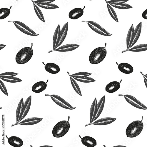Hand drawn seamless pattern. Olive branches, leaves, fruits for Italian cuisine design, extra virgin oil food, cosmetic product packaging wrapper. Vector illustration isolated on white background