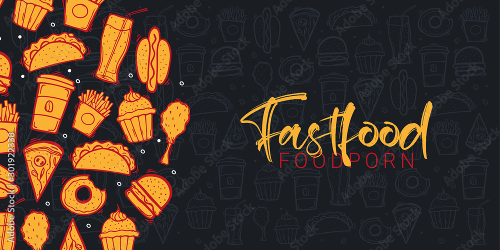 FastFood banner with tasty dishes. Burger, French Fries, Soft Drinks and Coffee. Hand draw doodle background. FastFood banner with tasty dishes. Burger, French Fries, Soft Drinks and Coffee. Hand draw doodle background.