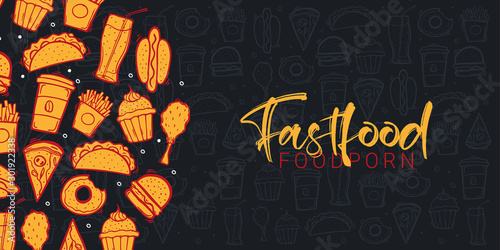 FastFood banner with tasty dishes. Burger, French Fries, Soft Drinks and Coffee. Hand draw doodle background.