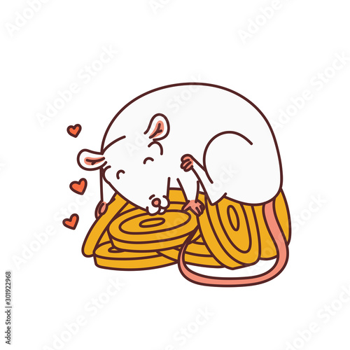 Rat Chinese new year symbols. Cute mouse hugging bunch coins vector outline cartoon isolated illustration.