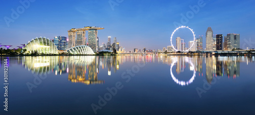 Panoramic image of Singapore skyline at night.