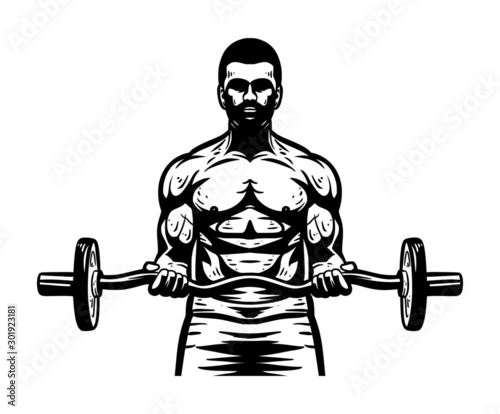 Bodybuilder man character with barbell weightlifting illustration for poster club logo business © Galih