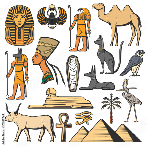 Ancient Egypt pharaoh, pyramids, Sphinx and Gods