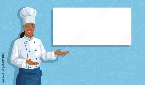 Horizontal background with African American female Chef showing by hand to copy space. Yong smiling cute cook woman points to white banner for your text. Flyer design template. Vector illustration.