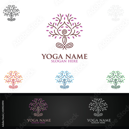 Yoga and Lotus flower logo with Health Spa Concept and Human silhouette