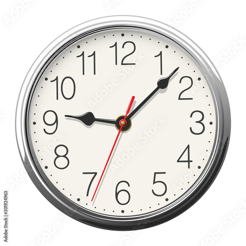 Round wall clock with glossy metallic body placed on white background