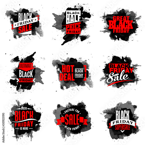 Black Friday sale logo design template set on black ink bloat background