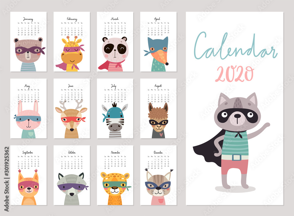 Fototapeta premium Calendar 2020. Cute monthly calendar with super hero animals. Hand drawn characters.