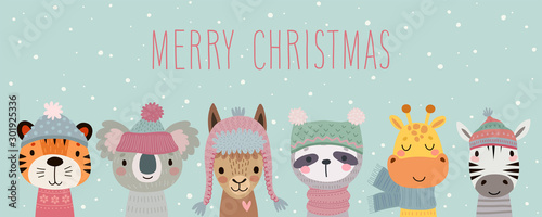 Merry Christmas card with Cute animals. Hand drawn characters in winter clothes. Greeting flyer.