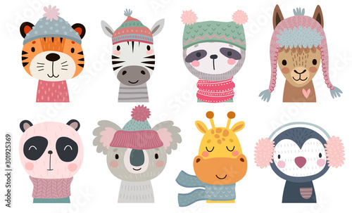 Christmas set with Cute animals. Hand drawn characters. © lumencre