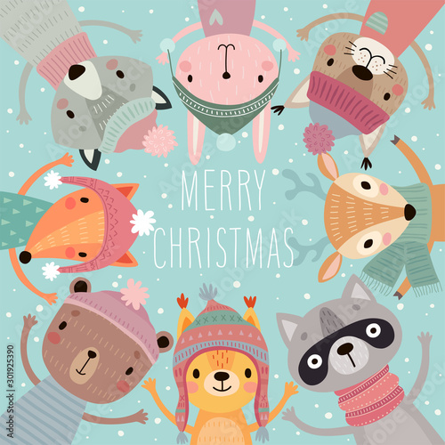 Christmas card with Cute forest animals. Hand drawn characters. Greeting flyer.