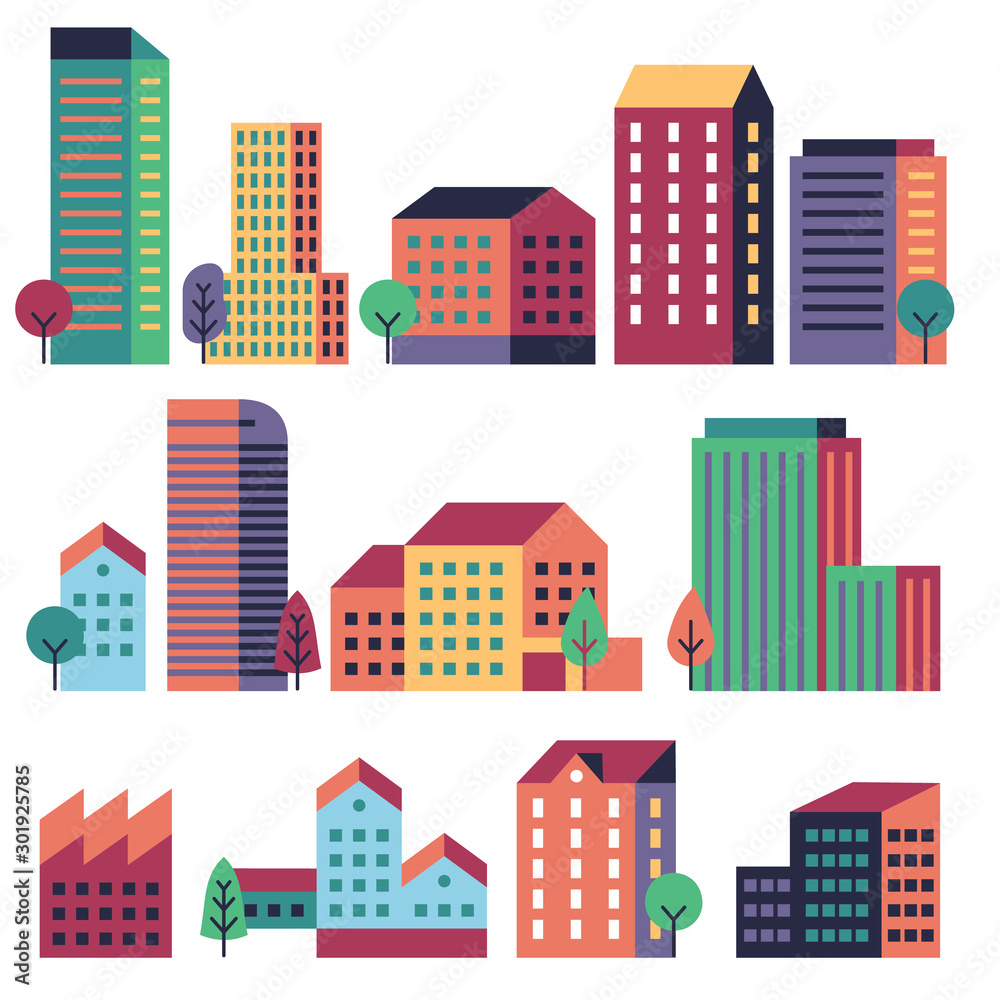 Minimal buildings. City skyline, geometric urban landscape elements for town construction. Flat residential houses and trees vector set