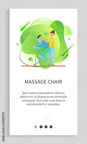 Massage chair vector, equipment for body relaxation, masseuse with client lying on special place to relax. Therapist curing back of person. Website or app slider template, landing page flat style