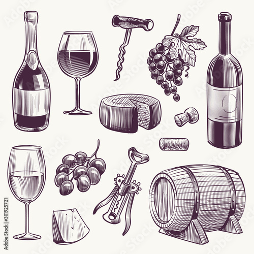 Sketch wine. Wine bottle and wineglasses, grape and cheese, wood barrel with organic alcohol drinks winery hand drawn doodle vector set