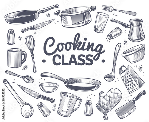 Cooking class. Sketch kitchen tool, kitchenware. Soup pan, knife and fork, spoon and grater chef utensils doodle vector gastronomy concept