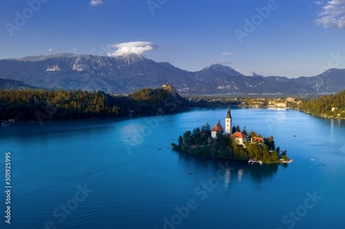 Bled Slovenia aerial photo on late summer day