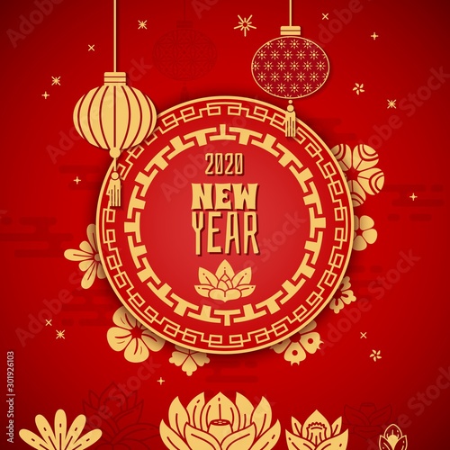 Chinese 2020 new year. Traditional red and gold oriental calendar with asian lanterns and lotus flowers. 3d layered paper vector background