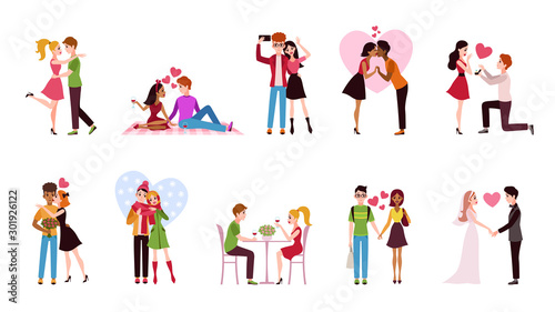 Couple in love set. Loving situations happy romantic couples, young men women characters hug and kiss dating, cartoon vector set © YummyBuum