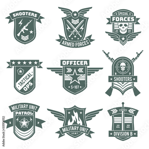 Military badges. Army patches, embroidery chevron with ribbon and star, gun and skull. Vintage soldier clothing tag, t-shirt vector design