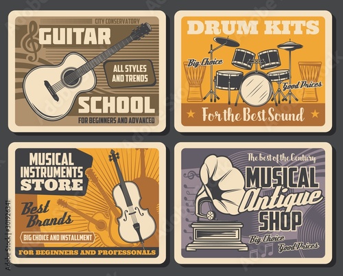 Drum, guitar, gramophone, vinyl records. Music