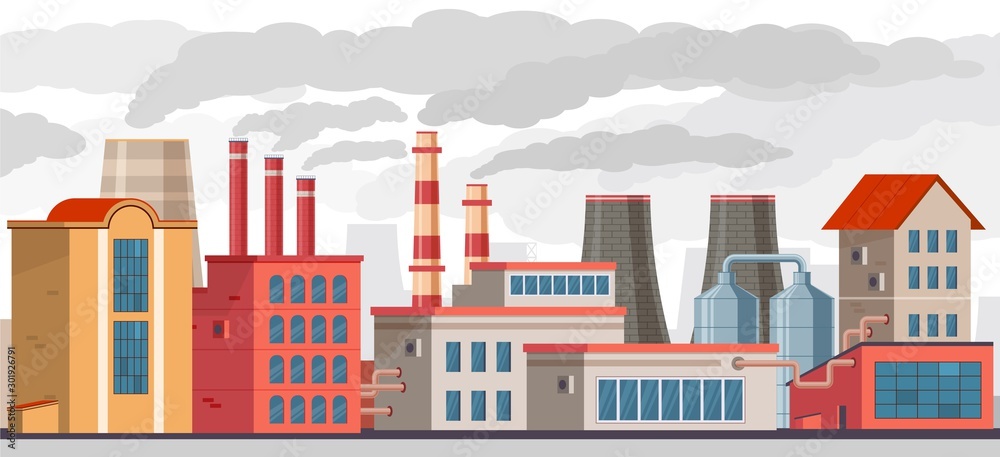 Smog pollution. Industrial factory with pipes pollutes environment with toxic smoke. Smog and chemical waste in ecology vector concept Smog pollution. Industrial factory with pipes pollutes environment with toxic smoke. Smog and chemical waste in ecology vector concept