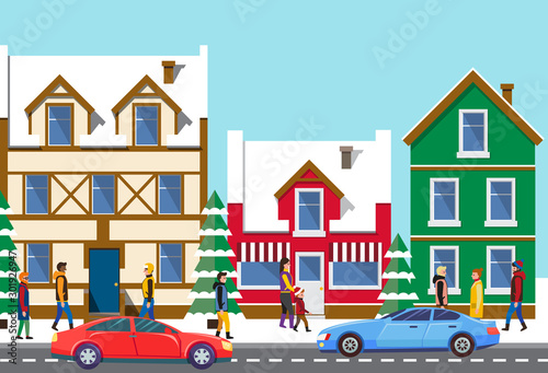 Old winter town vector, buildings exteriors with snow, cityscape with estates of citizens, Christmas street. Road with cars and transport, skyline with people walking on streets, flat style design © robu_s