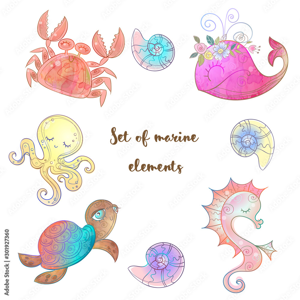 Set of cute sea animals octopus seahorse whale and jellyfish. Vector Watercolor. Set of cute sea animals octopus seahorse whale and jellyfish. Vector Watercolor.