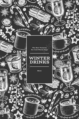 Winter drinks vector banner template. Hand drawn engraved style mulled wine, hot chocolate, spices illustrations on chalk board. Vintage christmas background.