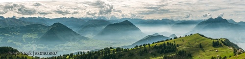 Beautiful panoramic view on Swiss Alps around Lake Lucerne as seen from top of Rigi Kulm peak © Michal