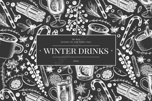 Winter drinks vector banner template. Hand drawn engraved style mulled wine, hot chocolate, spices illustrations on chalk board. Vintage christmas background.