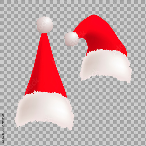  Vector illustration of Santa Claus hat options. Santa s creative hats. Costume elements isolated. Realistic illustration of Santa Christmas clothes.