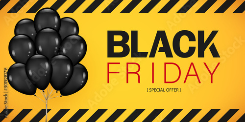 Black Friday Sale Poster with Dark Shiny Balloons Bunch Isolated on yellow Background. Vector illustration.