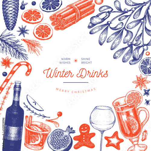 Winter drinks vector design template. Hand drawn engraved style mulled wine, hot chocolate, spices illustrations. Vintage christmas background.