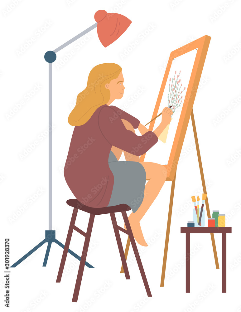 Drawing woman, hobby painter painting new picture. Isolated character
