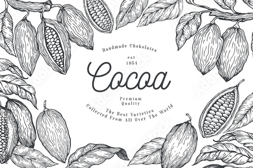 Cocoa design template. Chocolate cocoa beans background. Vector hand drawn illustration. Vintage style illustration.