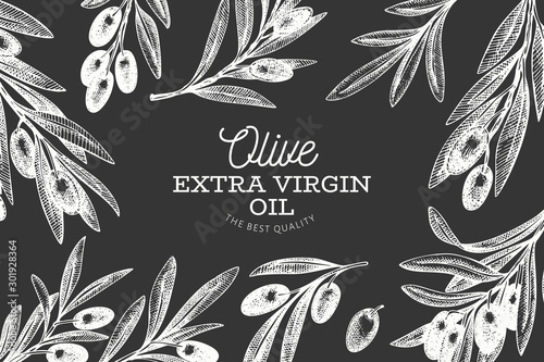 Olive branch design template. Hand drawn vector food illustration on chalk board. Engraved style mediterranean plant. Retro botanical picture.