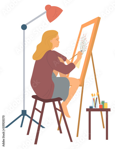 Drawing woman, hobby painter painting new picture. Isolated character with canvas and easel, paints and brushes of artist, leisure time interest. Vector illustration in flat cartoon style
