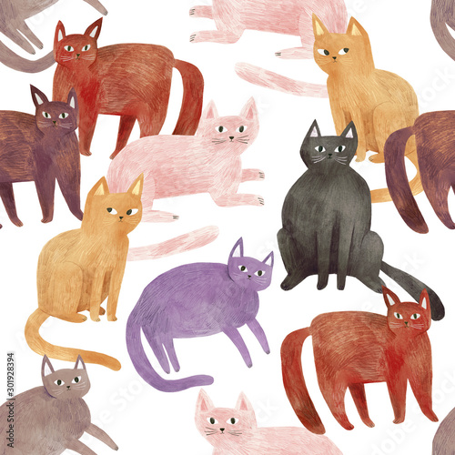 Colorful cats - seamless pattern. Hand drawn illustration