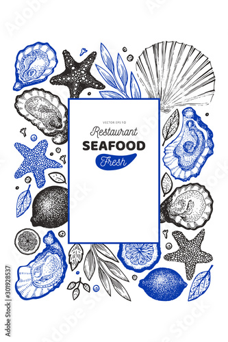 Oysters and spices design template. Hand drawn vector illustration. Seafood banner. Can be used for design menu, packaging, recipes, label, fish market, seafood products.