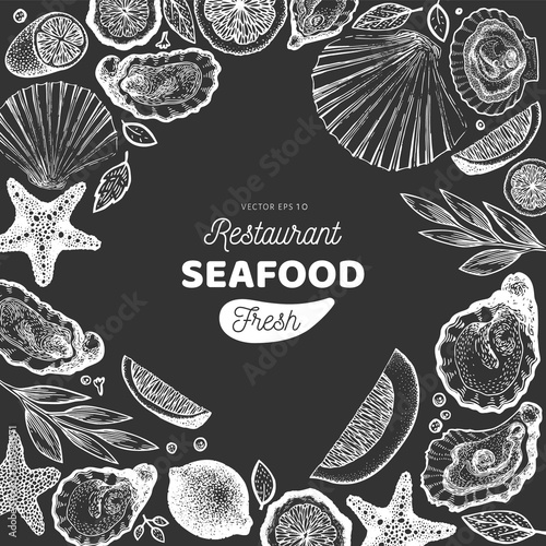 Oysters and spices design template. Hand drawn vector illustration on chalk board. Seafood banner. Can be used for design menu, packaging, recipes, label, fish market, seafood products.