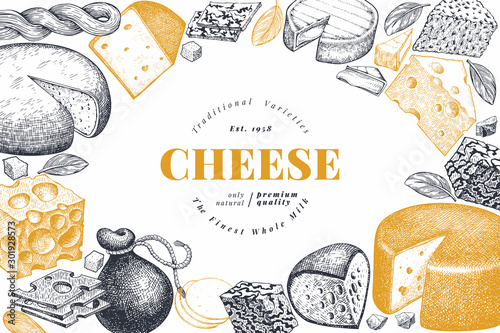 Cheese design template. Hand drawn vector dairy illustration. Engraved style different cheese kinds banner. Vintage food background. photo