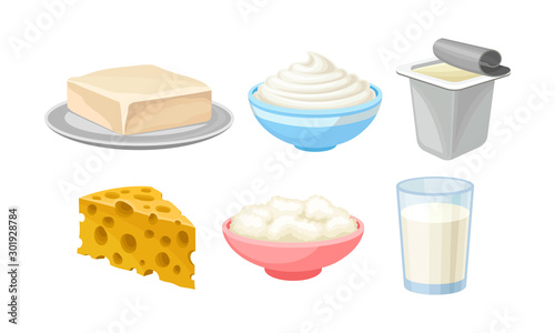 Dairy Products In Different Plates And Packages Vector Illustration Set Isolated On White Background