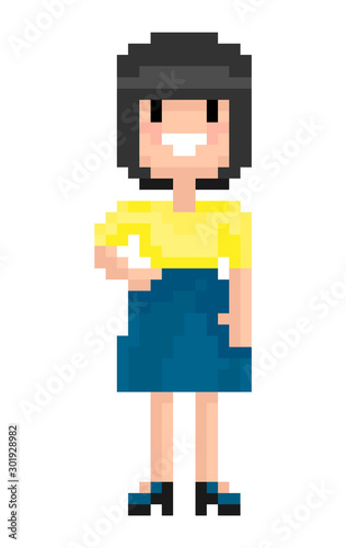 Portrait view of smiling pixel girl wearing dress and heels, standing superhero woman in flat and geometric style, posing female character vector. Pixeleted character for video-game or app 8bit game