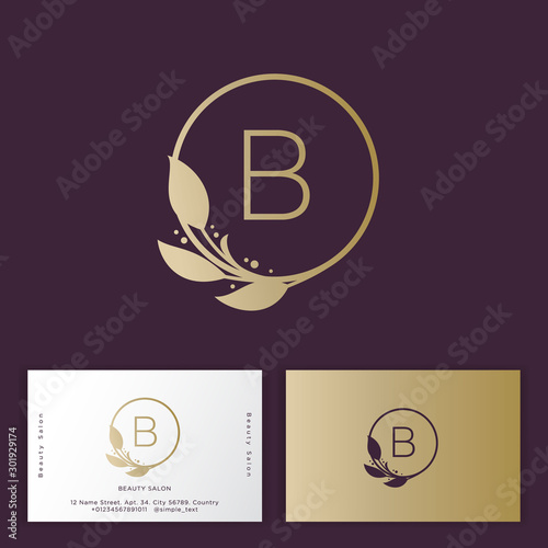 Beauty salon Logo and identity. B monogram. Emblem of female clothing or lingerie. Elegant round icon with leaves and B letter. Flower or lingerie shop.