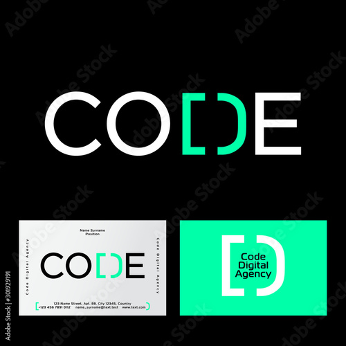 Code logo. Logo for digital company. Letter D consist of left square bracket and right parenthesis. Open and close brackets. Programming symbols. 