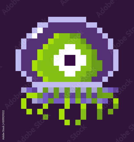 Pixel game character vector, isolated alien wearing protective costume, personage flying in space on spaceship, retro style pixelated creature monster. Pixeleted object for video-game or app 8bit game