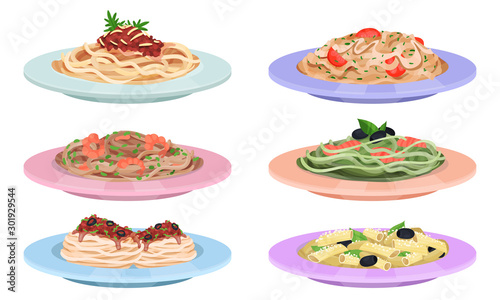 Different Pasta Dishes Served On Flat Plates Vector Set