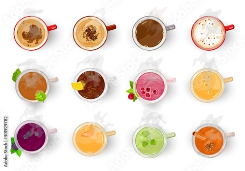 Big vector set with different types of hot beverages green, black, fruity, herbal, berry tea, coffee, cocoa, americano, cappuccino, espresso, latte, mochaccino Cartoon collection on white Top view