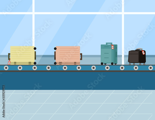 Travel suitcases on airport luggage carousel, airline flight conveyor check bag. Baggage reclaim area. Departure terminal. Vector illustration in flat cartoon style